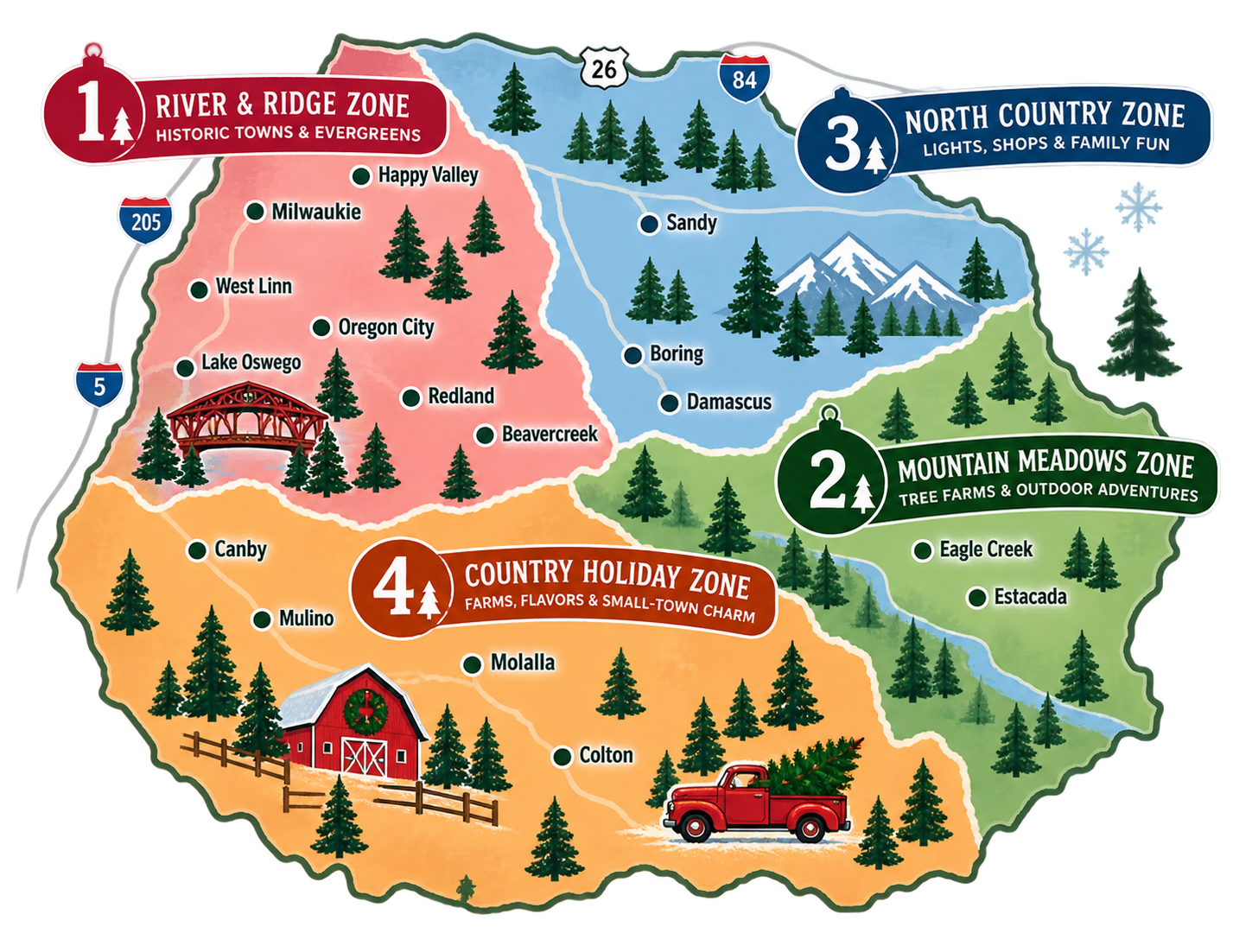 Illustrated map of the four Christmas Tree Trail zones across Clackamas County